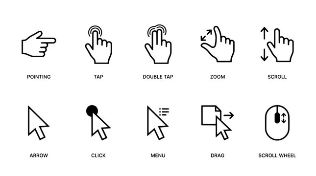 Arrows navigation UI icons set with hand pointer gestures, click, scroll, zoom, drag, and mouse wheel indicators