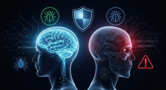Two digital human heads, one healthy brain and one infected with digital