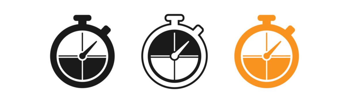 Stopwatch icon set black outline and solid orange versions for timing and sports applications