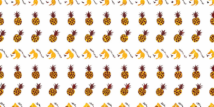 Pineapple and cat repeating pattern on white background