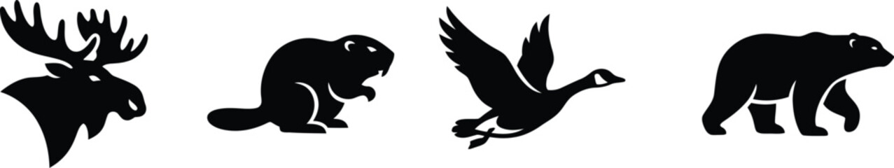 Black silhouettes of moose, beaver, goose, and bear on white background © @rayan_rahaman