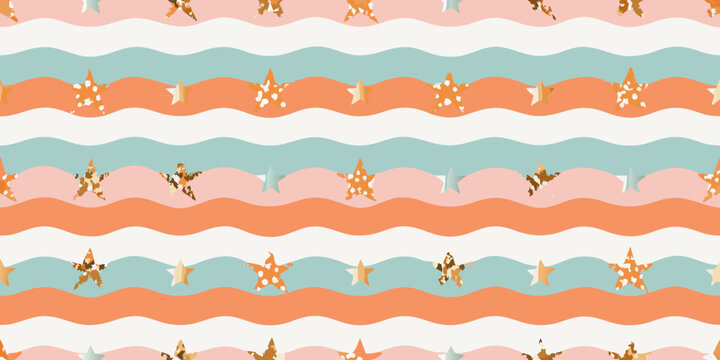 Retro star and wavy stripe pattern nostalgic pastel colors