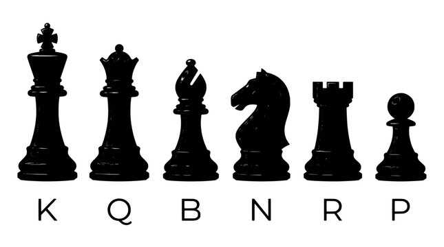 Chess pieces set with king, queen, bishop, knight, rook, and pawn icons featuring board game, strategy, black with silhouette and vector elements for