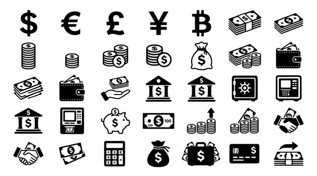 Currency finance icons set with dollar pound euro bitcoin coins and business payment symbols for digital UI