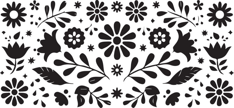 Mexican folk art pattern with various flowers and leaves in black and white.