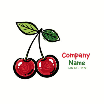 Hand-drawn cherry illustration with leaves, company, name, and tagline text