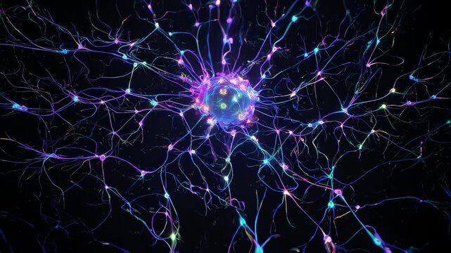 An illuminated neural network radiates energy with vibrant colors. Synapses connect in a complex, glowing pattern against black