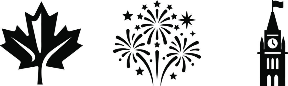 Canada Day celebrations with maple leaf fireworks and parliament clock tower