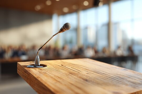 Polished wooden podium with gooseneck microphone in a modern conference hall ready for a keynote