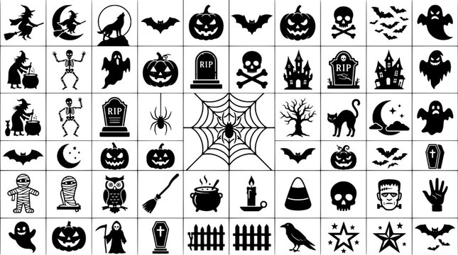 Halloween icons set with spooky and festive symbols featuring pumpkin, ghost, bat with witch and skeleton elements for tombstone, haunted house