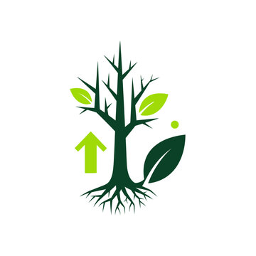 A dark green stylizedtree with sparse light green leaves, a large leaf at the base, and a lime green upward arrow