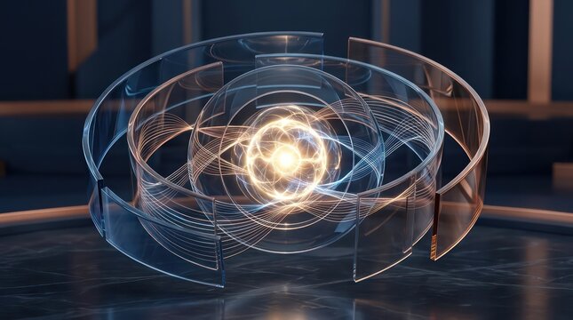 AI Governance Core Protected by Translucent Glass Shields With Glowing Audit Trail Lines and Dark Technology Background