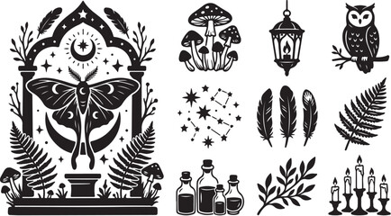 Fototapeta premium Whimsical black and white mystical symbol illustrations set