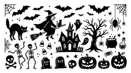 Obraz premium Pumpkin Halloween set with bats, ghosts, cats, haunted house icons and spooky graveyard silhouettes in black and white