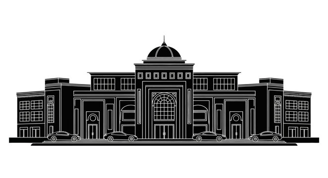 Minimalist black and white silhouette of a grand neoclassical building