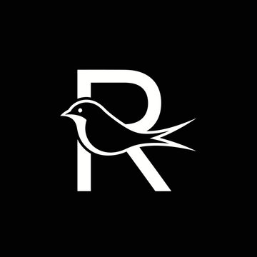 This image features a stylized white letter "R" against a solid black background. The letter is transformed creatively to include the silhouette of a bird in flight, 
