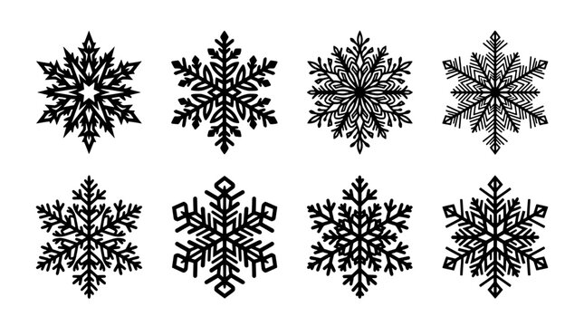 Snowflake icons set with intricate black line art, winter holiday decoration elements for festive greeting cards