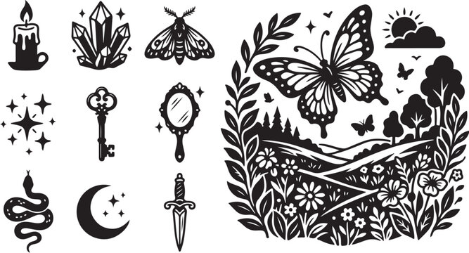 Whimsical black and white mystical tattoo design elements