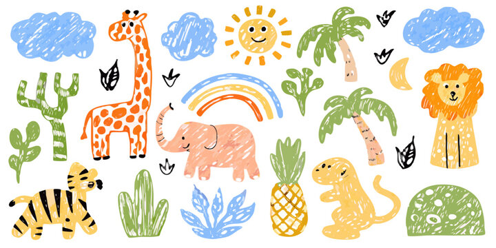 playful children s illustration with animals rainbow and tropical plants