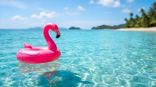 Pink flamingo inflatable pool float floating in clear blue ocean water