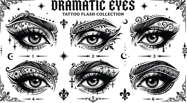 Gothic dramatic eyes tattoo flash collection sheet featuring ornamental gothic details stars and mystical moons vector illustration
