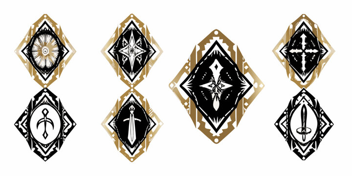 fantasy emblems and symbols ornate geometric designs on white background