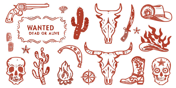 wild west vector illustrations with red elements on black