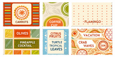 vintage style postage stamps collection with food and travel themes © Milton