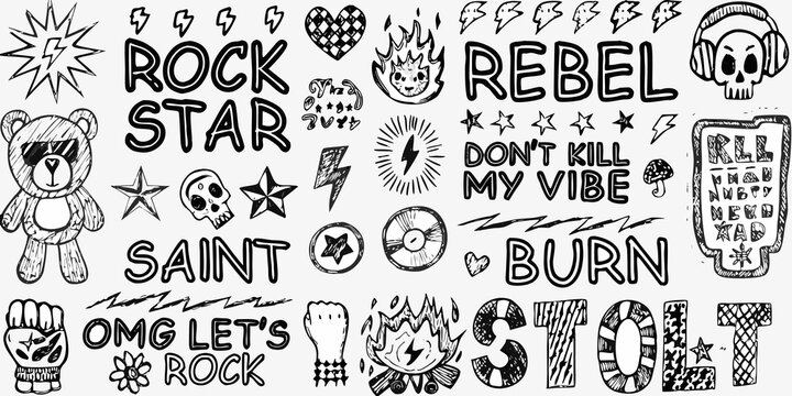 punk rock doodle set hand drawn lettering and symbols
