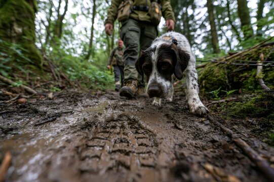 Hunting dog tracking scent on a muddy forest trail