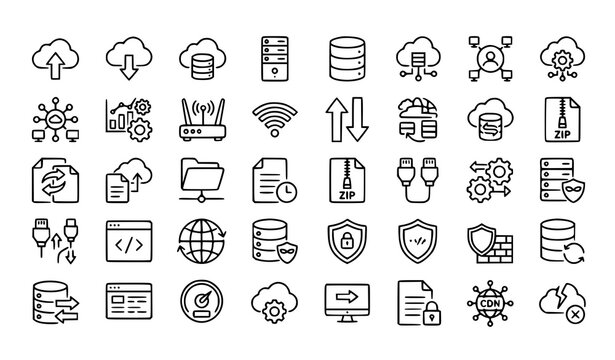 Set of 30 data exchange and cloud computing thin line icons editable stroke vector illustration