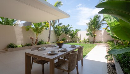 Fototapeta premium Tropical courtyard dining setup, Modern outdoor brunch table, Lush palm garden lifestyle, Clean patio entertaining scene, Bright commercial copy space