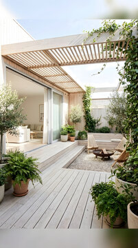 A modern courtyard garden with biophilic design. Modern courtyard patio with wooden deck, pergola slats, and potted greenery