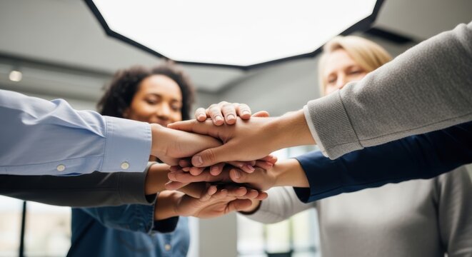Diverse business team members stack hands in a modern office for unity Surreal Silliness Concept Design