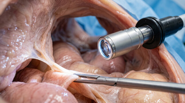 Close-up view of laparoscopic surgery showing medical instrument and endoscope inside abdominal cavity