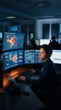 Operator monitors emergency screens in dimly lit command center