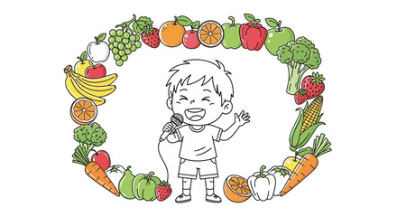 Fototapeta premium Happy Kid Singing Microphone Surrounded by Fresh Fruits and Vegetables Frame