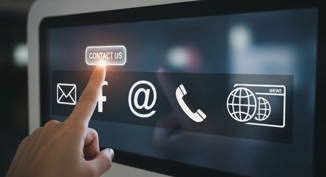 Hand touching contact us button on interactive digital screen with social