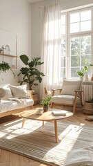 Fototapeta premium Warm and cozy Scandinavian interior with soft natural sunlight, wooden furniture, neutral color palette, indoor plants, and linen textures. Calm hygge atmosphere with minimalist Nordic design aestheti