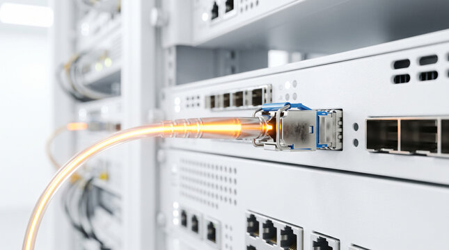Close up of fiber optic cable connected to network switch in modern data center rack system