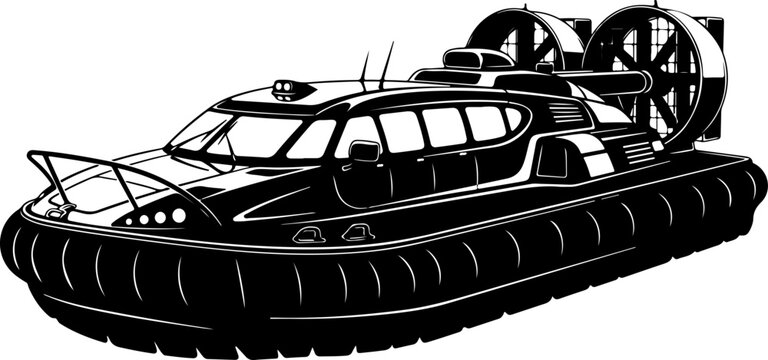 hovercraft, air cushion vehicle, vector illustration, black and white