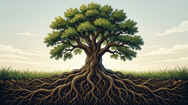 Ancient tree stands firm in fertile earth. Roots spread wide, anchoring strength deep below. Leaves glow green under soft, open sky. Grass sways gently at base, untouched by wind