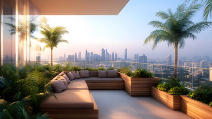 Fototapeta premium Modern outdoor lounge area with city skyline view in natural daylight setting