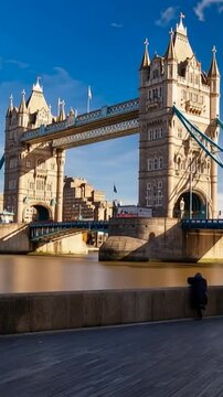 Tower Bridge in London, UK, United Kingdom. Time lapse. People walking. Vertical video