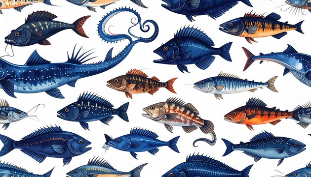 Colorful Deep-Sea Fish Varieties Seamless Pattern in Flat 2D Illustration Style