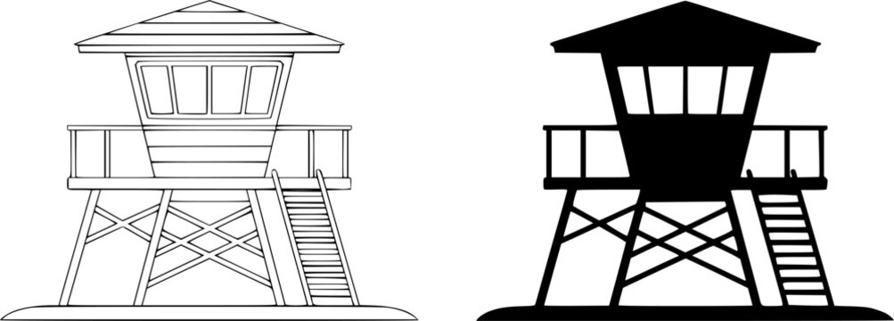Outline and silhouette vector icons of a wooden watchtower or lifeguard station with stairs and railings, ideal for security, surveillance, beach, military, and rescue design concepts