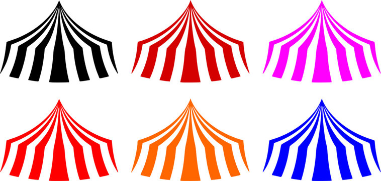 Set of six colorful circus tent silhouette icons with bold stripes in flat vector style, perfect for carnival, festival, fair, and entertainment design projects