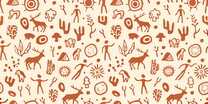 seamless prehistoric cave painting pattern with animal and human figures