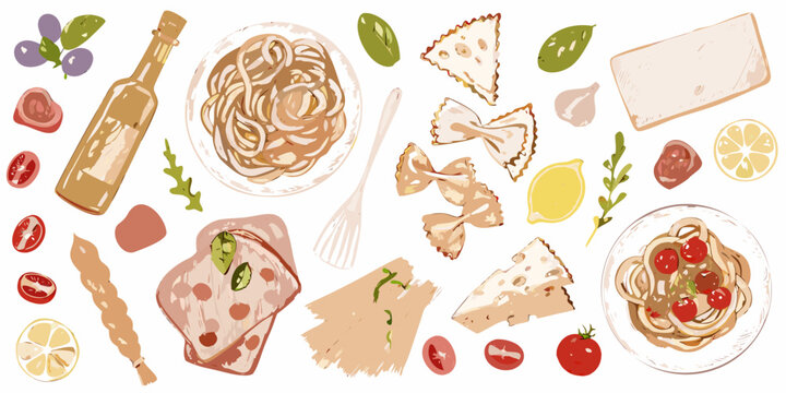 watercolor vector illustration of italian cuisine with pasta and ingredients