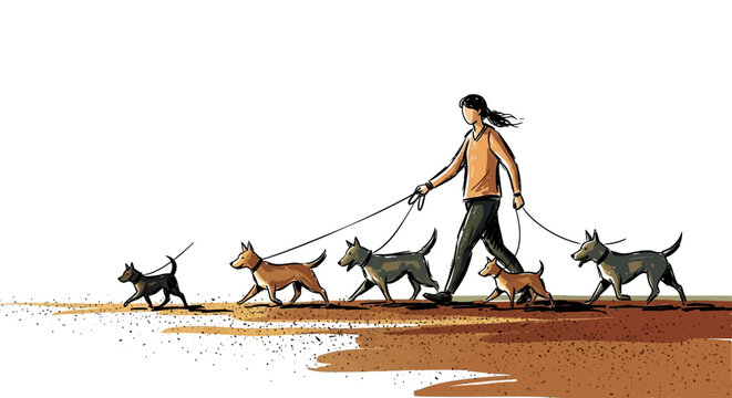 Woman Walking Multiple Dogs on Leashes.